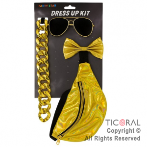 SET DISFRAZ METALIZADO ORO CON ANTEOJOS, MO�O, COLLAR Y BOLSITO RI�ONERA